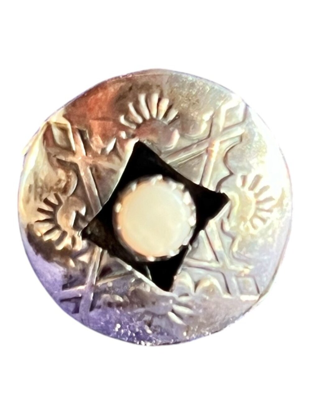 Navajo Sterling Silver MOP Inlay Earrings Engraved Design .75" VTG Round pierced - Picture 3 of 9